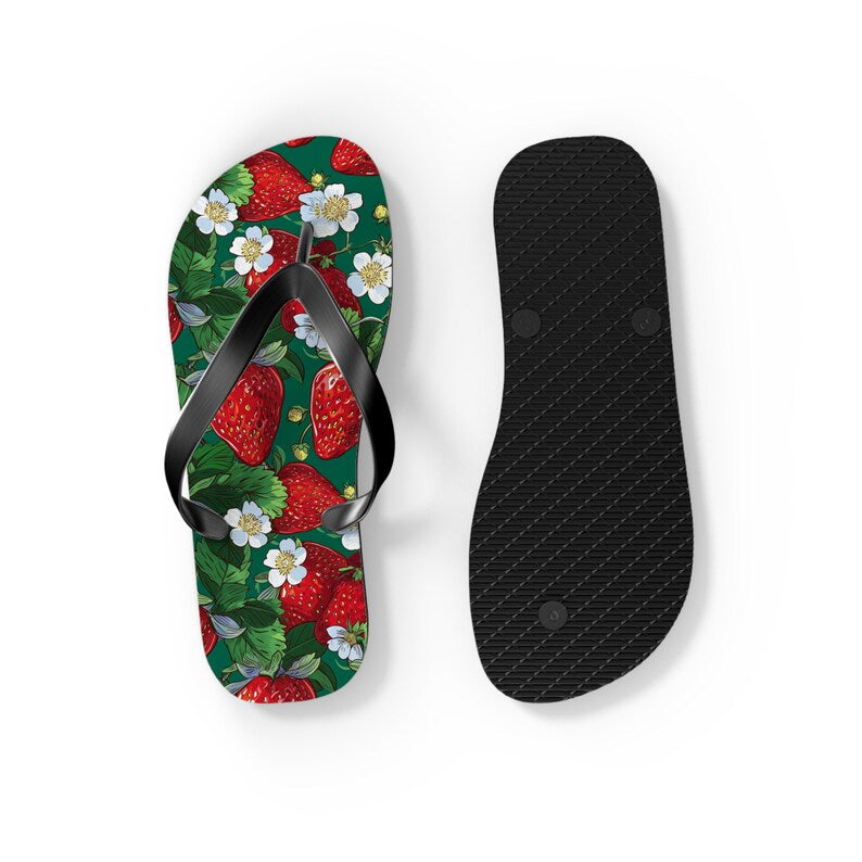 Strawberry Print Flip Flops: Soft Polyester EVA Sole