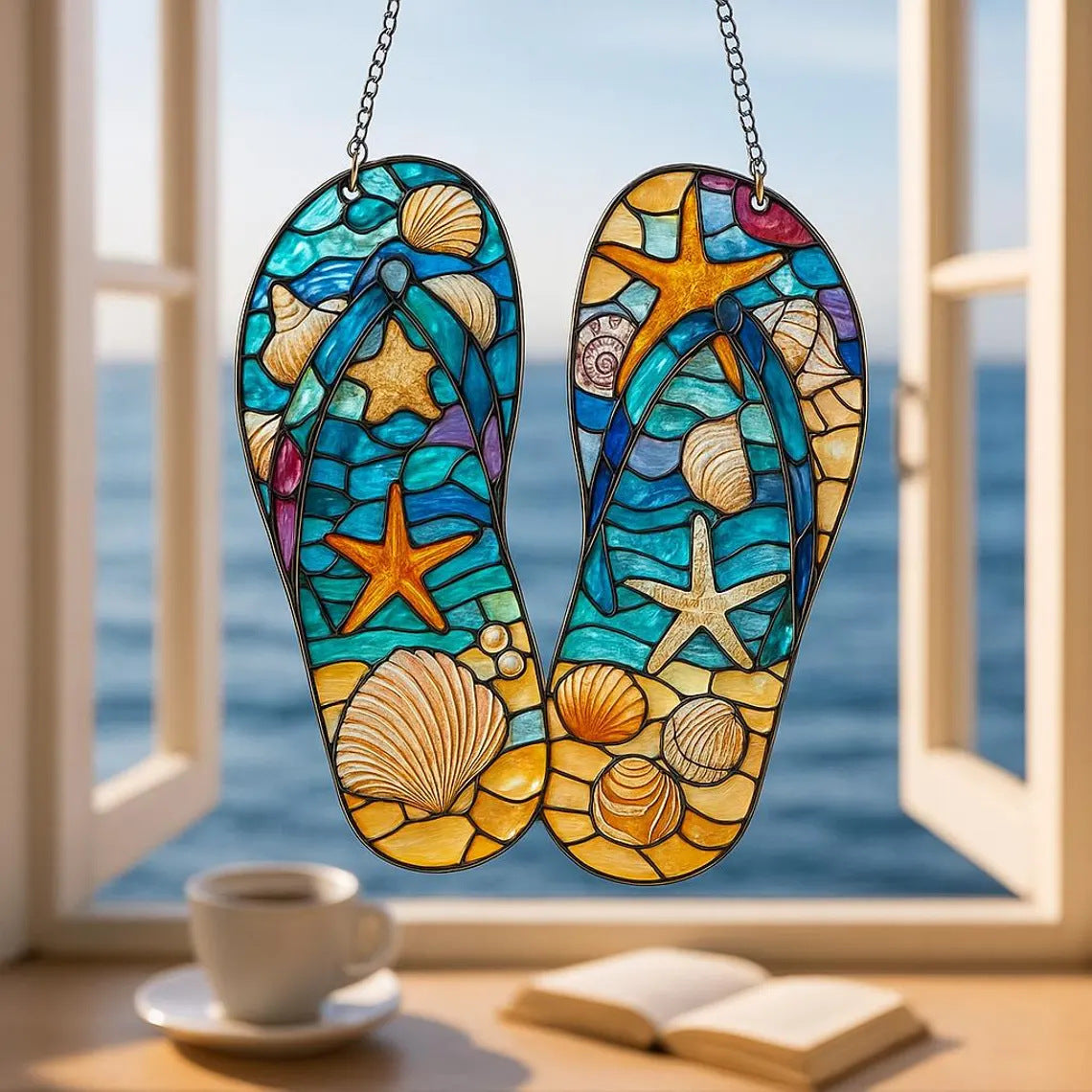 Flip Flop Suncatcher,Beach Suncatcher,Summer Seaside Window Decor,Coastal Ornament,Ocean Lover Gift,Beach House Ornament,Vacation Home Decor