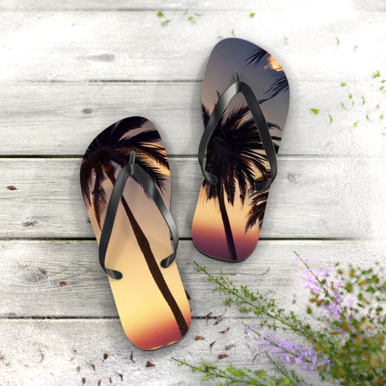 Tropical Palm Tree Flip Flops | Beach Sandals | Vacation Footwear | Summer Shoes | Palm Leaf Print