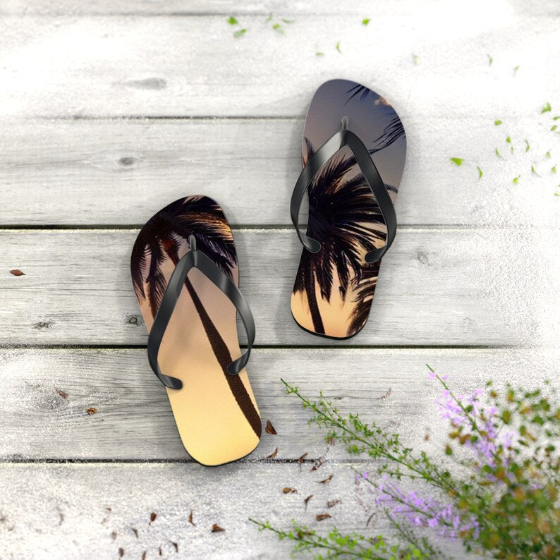 Tropical Palm Tree Flip Flops | Beach Sandals | Vacation Footwear | Summer Shoes | Palm Leaf Print