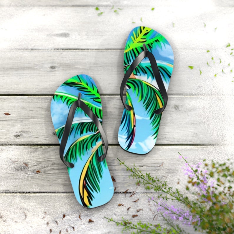 Tropical Palm Tree Flip Flops | Beach Sandals | Vacation Footwear | Summer Shoes | Palm Leaf Print