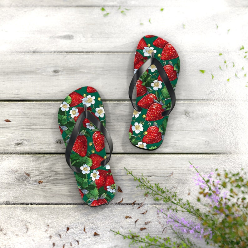 Strawberry Print Flip Flops: Soft Polyester EVA Sole