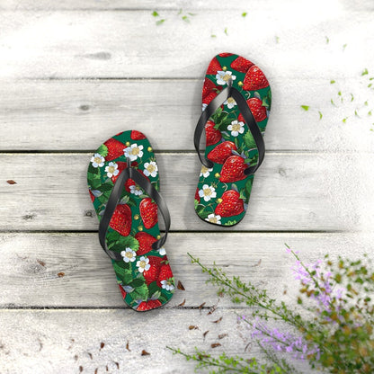 Strawberry Print Flip Flops: Soft Polyester EVA Sole