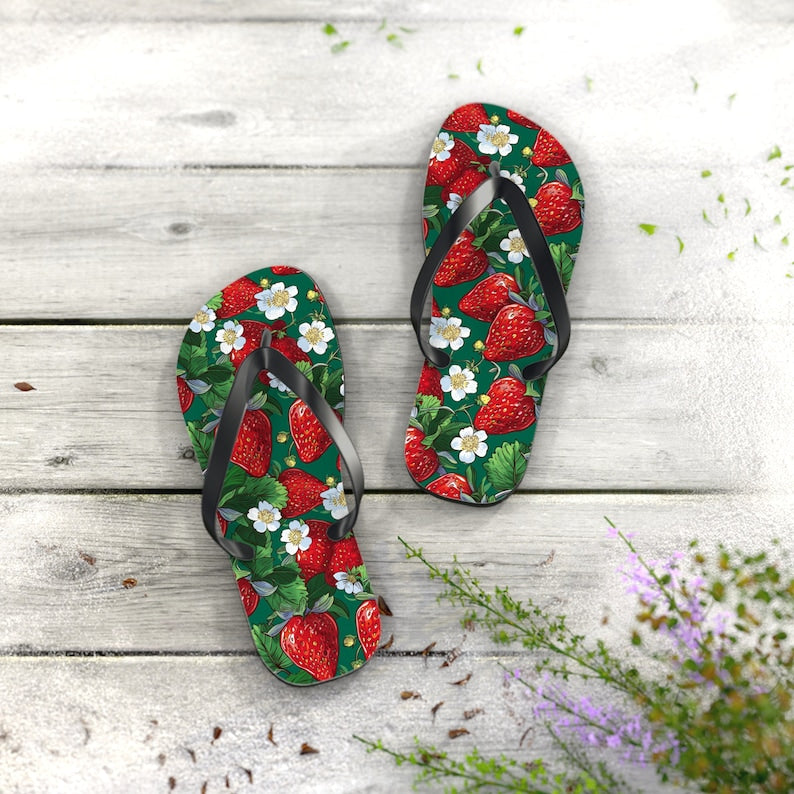 Strawberry Print Flip Flops: Soft Polyester EVA Sole