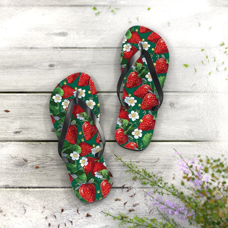 Strawberry Print Flip Flops: Soft Polyester EVA Sole