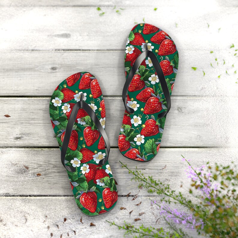 Strawberry Print Flip Flops: Soft Polyester EVA Sole