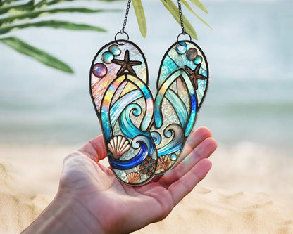 Flip Flop Suncatcher,Beach Suncatcher,Summer Seaside Window Decor,Coastal Ornament,Ocean Lover Gift,Beach House Ornament,Vacation Home Decor