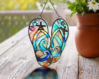 Flip Flop Suncatcher,Beach Suncatcher,Summer Seaside Window Decor,Coastal Ornament,Ocean Lover Gift,Beach House Ornament,Vacation Home Decor