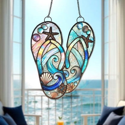 Flip Flop Suncatcher,Beach Suncatcher,Summer Seaside Window Decor,Coastal Ornament,Ocean Lover Gift,Beach House Ornament,Vacation Home Decor