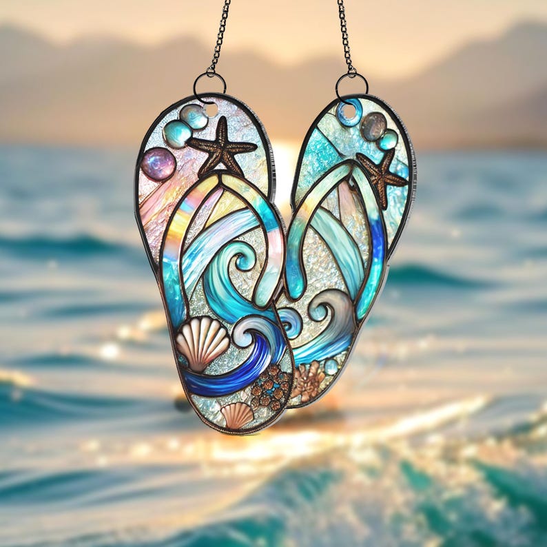 Flip Flop Suncatcher,Beach Suncatcher,Summer Seaside Window Decor,Coastal Ornament,Ocean Lover Gift,Beach House Ornament,Vacation Home Decor
