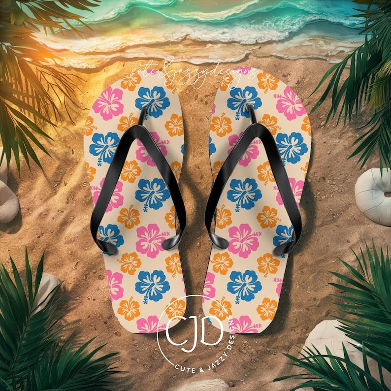 Custom Sublimation Flip Flops Hibiscus Tropical Flowers Summer Sandals Beachwear Footwear Pool Lake Boat Bridal Vacation Gift