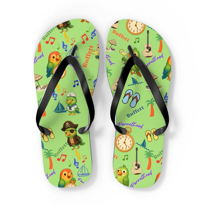 Jimmy Buffett Parrothead Tropical Parrot Pattern Flip Flops-Beach, Pirate, Music Icons, Summer shoes, Sailor gift, Margaritaville, Margarita