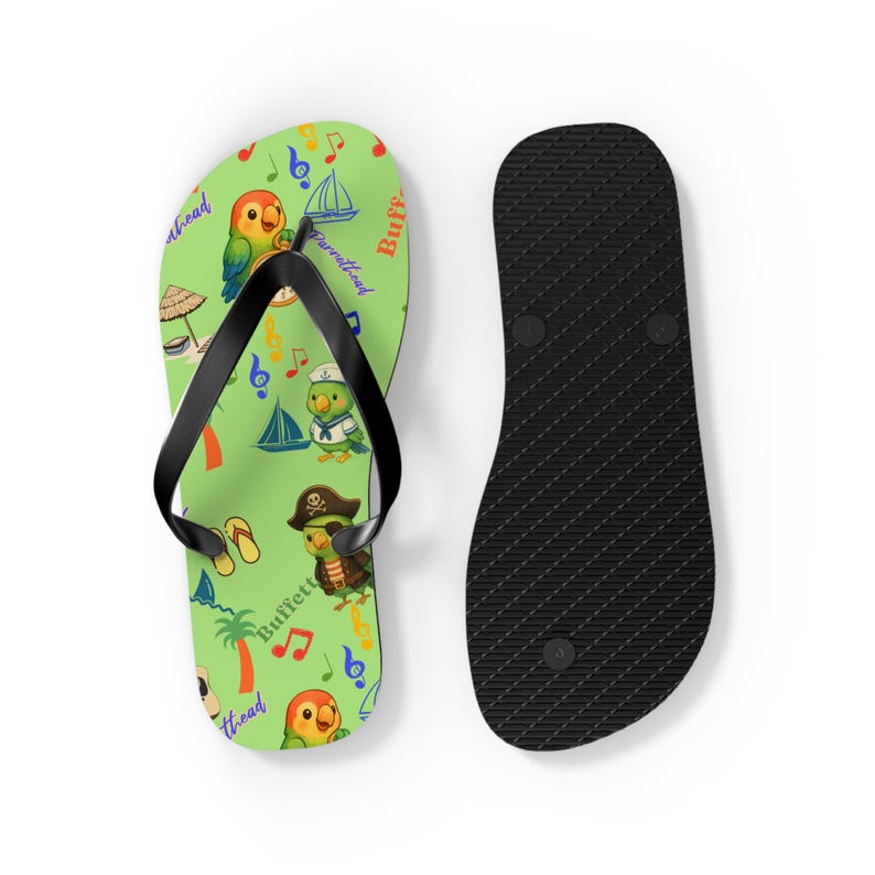 Jimmy Buffett Parrothead Tropical Parrot Pattern Flip Flops-Beach, Pirate, Music Icons, Summer shoes, Sailor gift, Margaritaville, Margarita