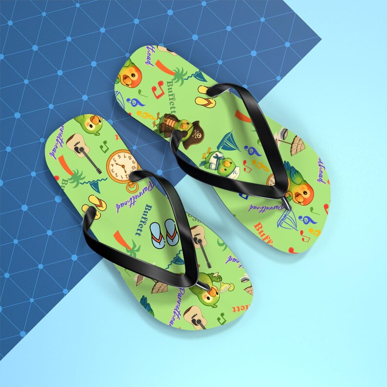 Jimmy Buffett Parrothead Tropical Parrot Pattern Flip Flops-Beach, Pirate, Music Icons, Summer shoes, Sailor gift, Margaritaville, Margarita