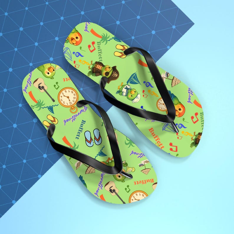Jimmy Buffett Parrothead Tropical Parrot Pattern Flip Flops-Beach, Pirate, Music Icons, Summer shoes, Sailor gift, Margaritaville, Margarita