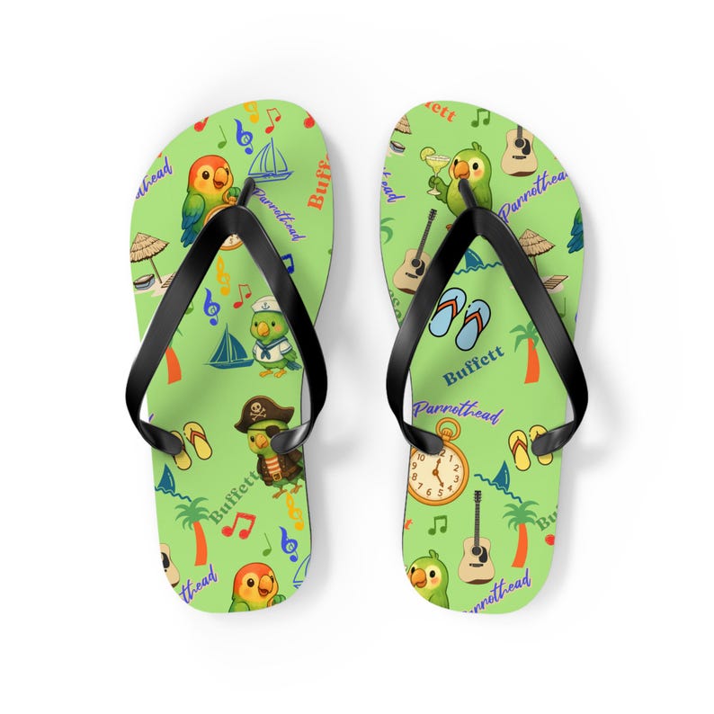 Jimmy Buffett Parrothead Tropical Parrot Pattern Flip Flops-Beach, Pirate, Music Icons, Summer shoes, Sailor gift, Margaritaville, Margarita