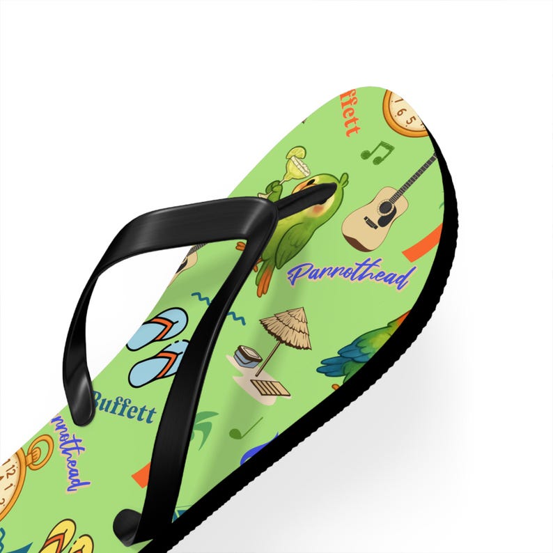 Jimmy Buffett Parrothead Tropical Parrot Pattern Flip Flops-Beach, Pirate, Music Icons, Summer shoes, Sailor gift, Margaritaville, Margarita