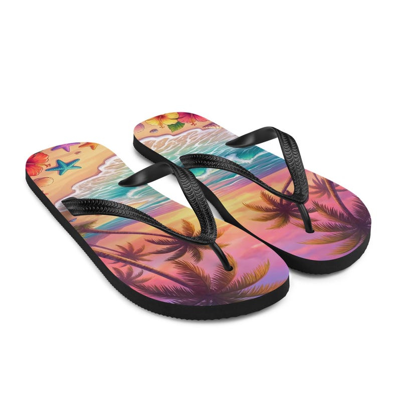 Tropical Beach Flip Flops | Sunset Ocean Wave | Sublimation Sandals