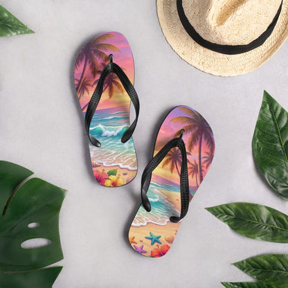 Tropical Beach Flip Flops | Sunset Ocean Wave | Sublimation Sandals