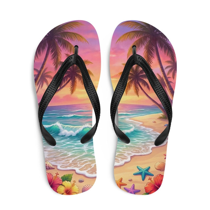 Tropical Beach Flip Flops | Sunset Ocean Wave | Sublimation Sandals