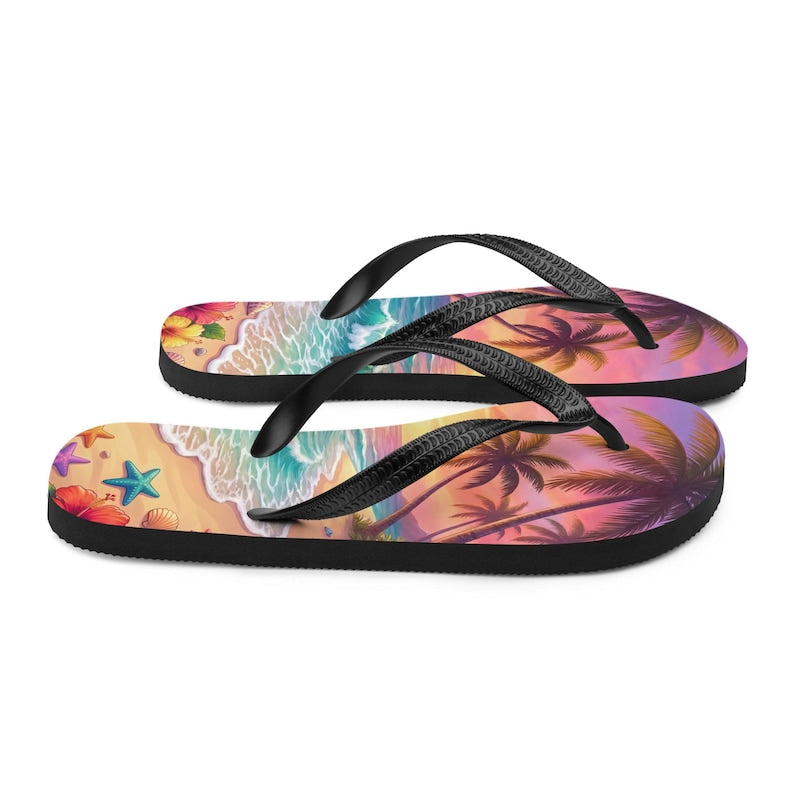 Tropical Beach Flip Flops | Sunset Ocean Wave | Sublimation Sandals