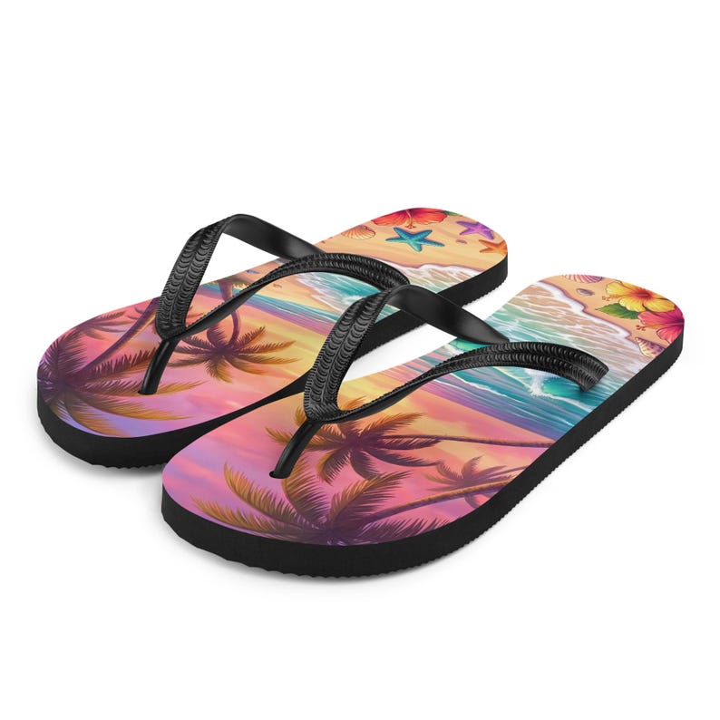 Tropical Beach Flip Flops | Sunset Ocean Wave | Sublimation Sandals