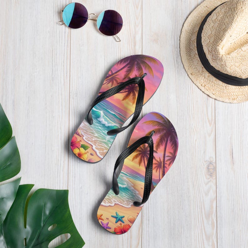 Tropical Beach Flip Flops | Sunset Ocean Wave | Sublimation Sandals