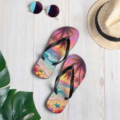 Tropical Beach Flip Flops | Sunset Ocean Wave | Sublimation Sandals