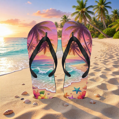 Tropical Beach Flip Flops | Sunset Ocean Wave | Sublimation Sandals