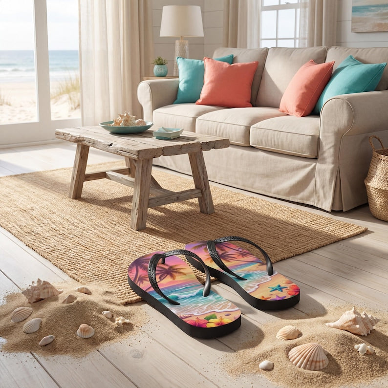 Tropical Beach Flip Flops | Sunset Ocean Wave | Sublimation Sandals
