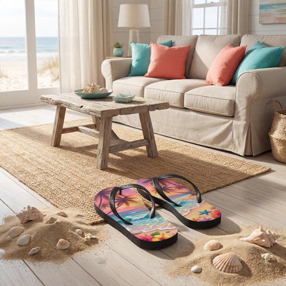 Tropical Beach Flip Flops | Sunset Ocean Wave | Sublimation Sandals