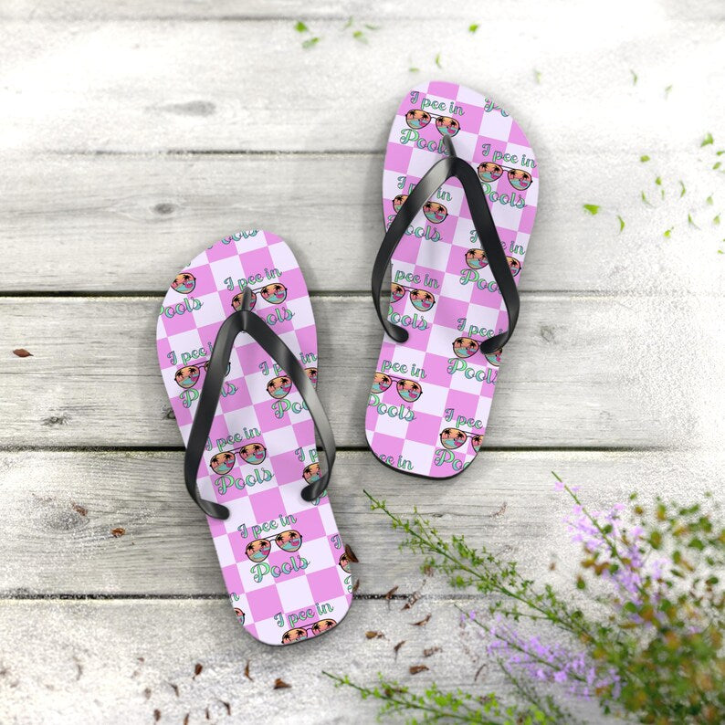 I Pee in Pools Flip Flops | Pink Checkered Pool Flip-Flops