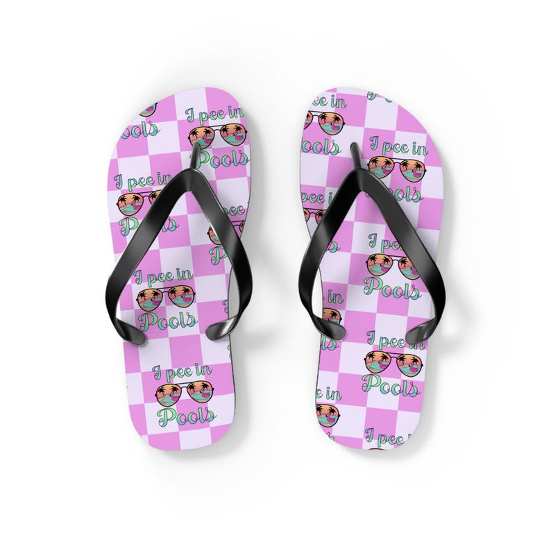 I Pee in Pools Flip Flops | Pink Checkered Pool Flip-Flops