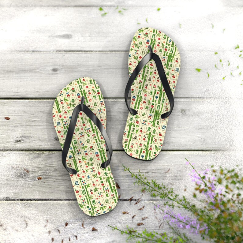 Mahjong Tile Pattern Flip Flops | Asian Game Tile Beach Sandals