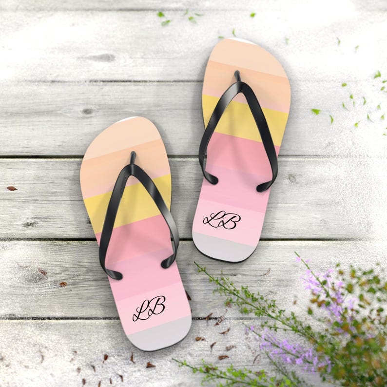Personalized Pastel Stripes Flip Flops | Pink Peach Yellow Beach Sandals