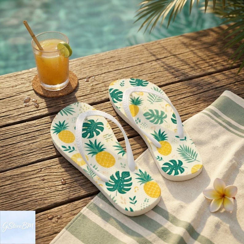 Tropical Pineapple Flip Flops, Pineapple Monstera Leaf Flip Flop Sandals, Beach Hawaiian Summer Slippers, Cute Vacation Pool Footwear
