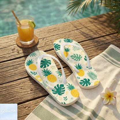 Tropical Pineapple Flip Flops, Pineapple Monstera Leaf Flip Flop Sandals, Beach Hawaiian Summer Slippers, Cute Vacation Pool Footwear