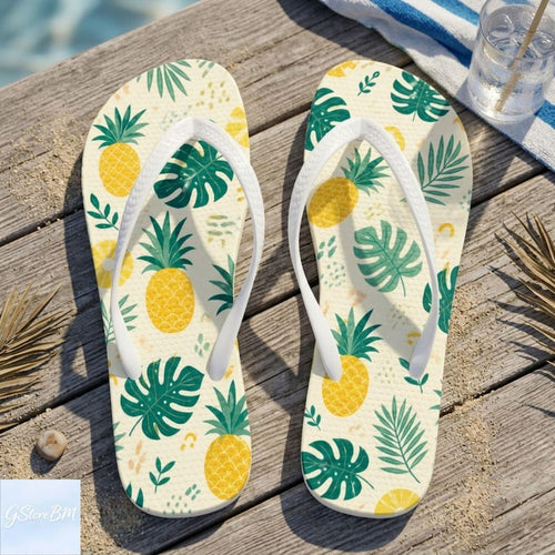 Tropical Pineapple Flip Flops, Pineapple Monstera Leaf Flip Flop Sandals, Beach Hawaiian Summer Slippers, Cute Vacation Pool Footwear