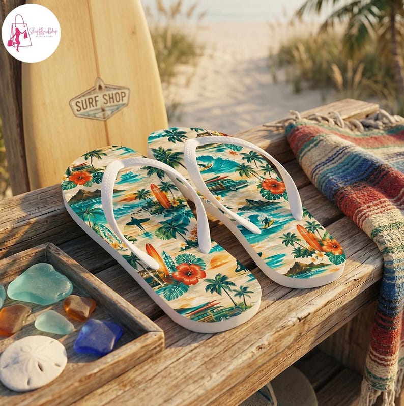 Retro Hawaiian Flip Flop, Tropical Beach Surf Thongs, Vintage Surfboard Palm Tree Sandal, Summer Ocean Vacation Footwear, Coastal Beach Gift
