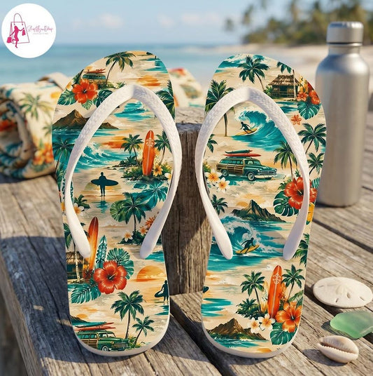 Retro Hawaiian Flip Flop, Tropical Beach Surf Thongs, Vintage Surfboard Palm Tree Sandal, Summer Ocean Vacation Footwear, Coastal Beach Gift