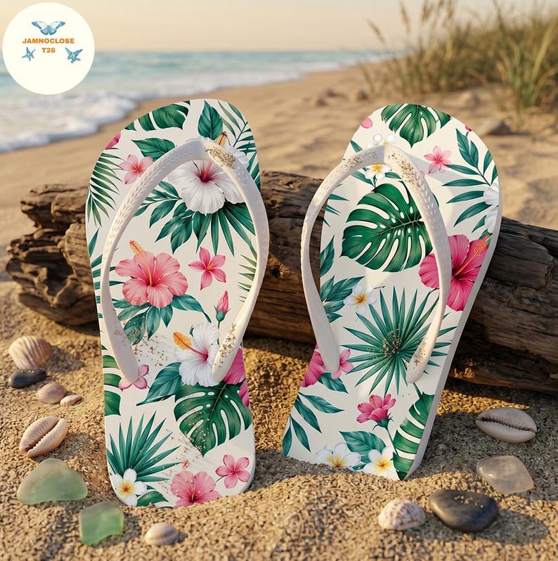 Tropical Hibiscus Floral Flip Flops, Hawaiian Beach Summer Sandals