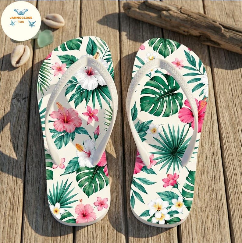 Tropical Hibiscus Floral Flip Flops, Hawaiian Beach Summer Sandals