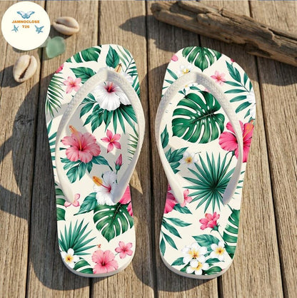 Tropical Hibiscus Floral Flip Flops, Hawaiian Beach Summer Sandals
