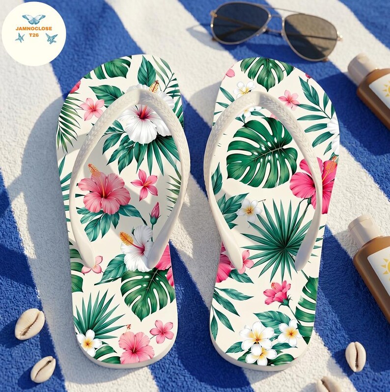 Tropical Hibiscus Floral Flip Flops, Hawaiian Beach Summer Sandals