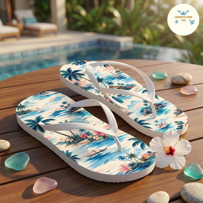 Hawaiian Island Flip Flops, Tropical Beach Sandals, Palm Tree Summer Shoes