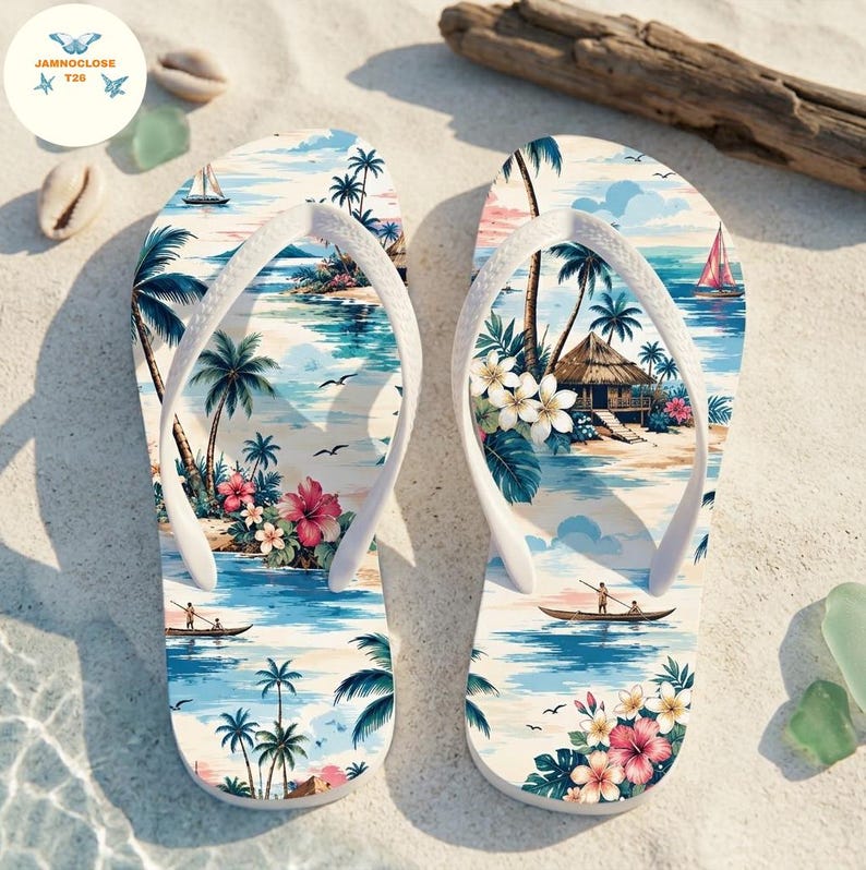 Hawaiian Island Flip Flops, Tropical Beach Sandals, Palm Tree Summer Shoes