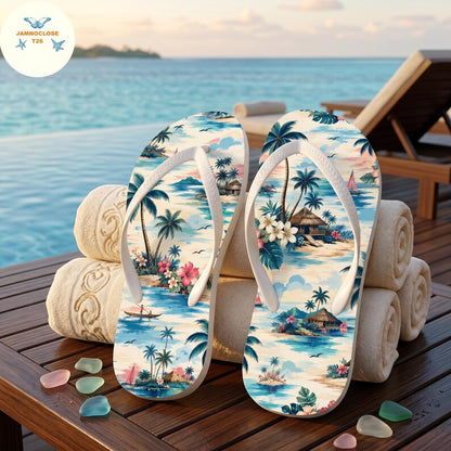 Hawaiian Island Flip Flops, Tropical Beach Sandals, Palm Tree Summer Shoes
