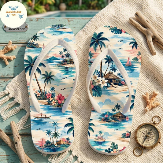 Hawaiian Island Flip Flops, Tropical Beach Sandals, Palm Tree Summer Shoes