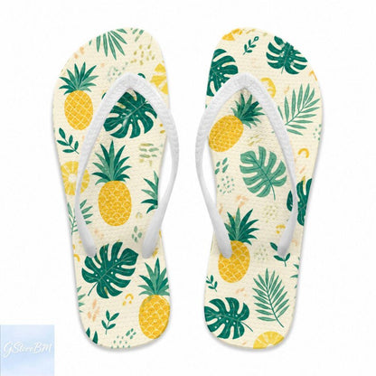 Tropical Pineapple Flip Flops, Pineapple Monstera Leaf Flip Flop Sandals, Beach Hawaiian Summer Slippers, Cute Vacation Pool Footwear