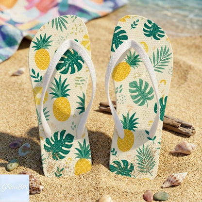 Tropical Pineapple Flip Flops, Pineapple Monstera Leaf Flip Flop Sandals, Beach Hawaiian Summer Slippers, Cute Vacation Pool Footwear
